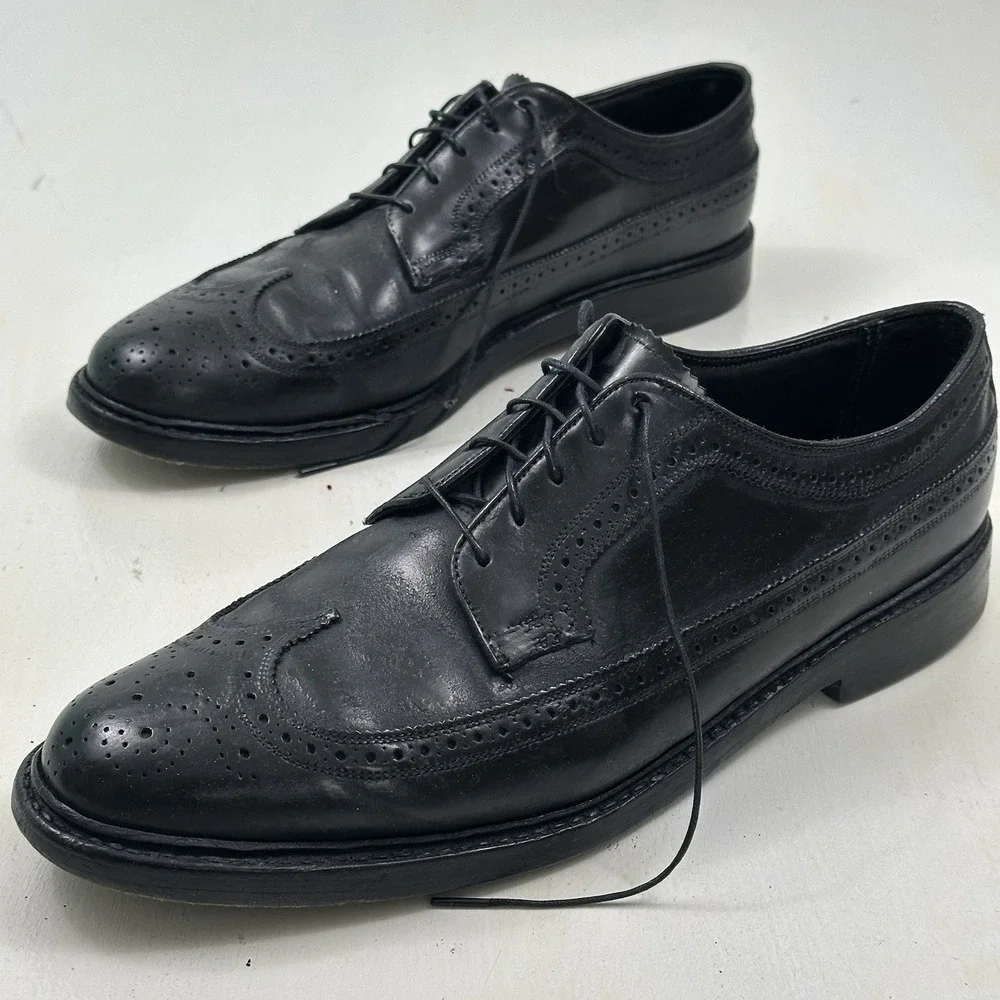 VTG Florsheim Imperial Kenmoor Shoes Men 11‎ C Black Smooth Leather Wingtips USA